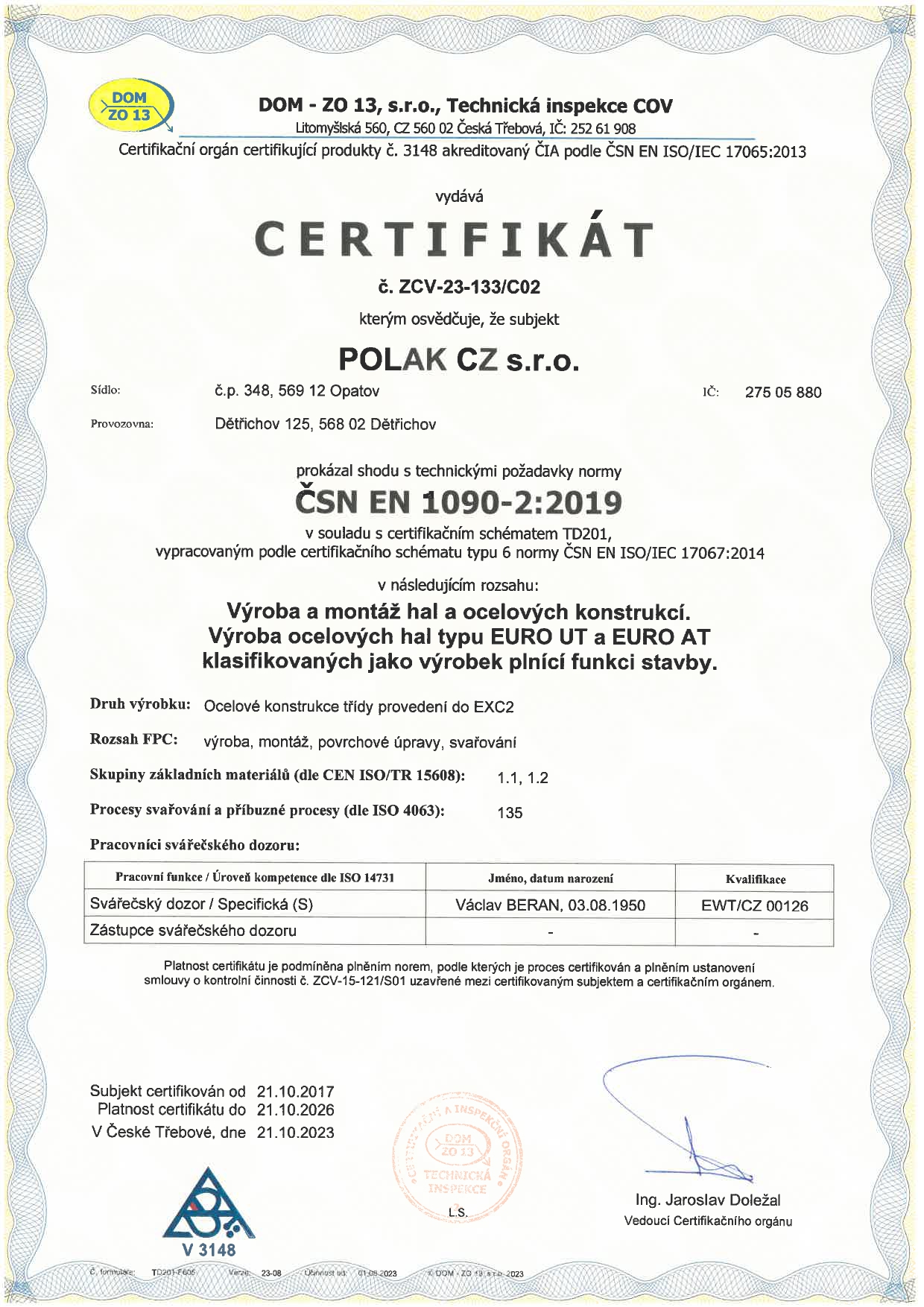 Certifikace montované haly POLAK CZ